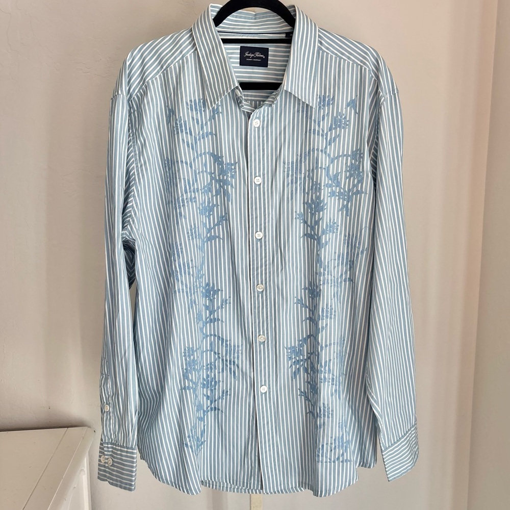 Indigo Palms Tommy Bahama Blue White Stripe Button Down Floral Design, XL